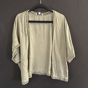 American Eagle Outfitters Green Boho Kimono Cover Up XL Lightweight Crochet Trim